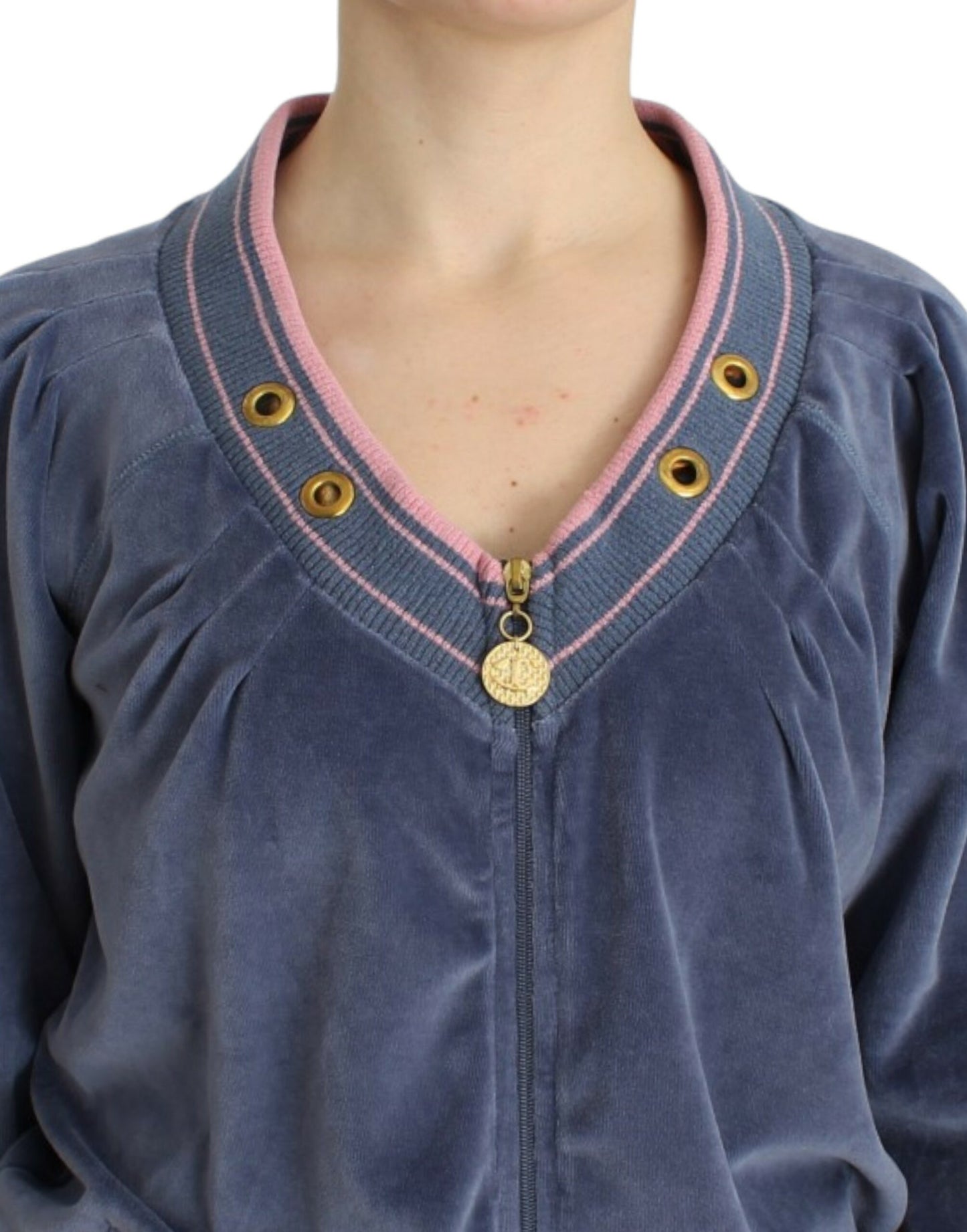 Cavalli Elegant Blue Zip Cardigan with Gold Details Cavalli