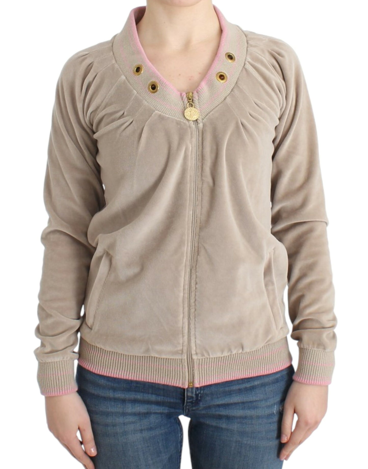 Cavalli Beige Zip Cardigan with Gold Tone Accents Cavalli