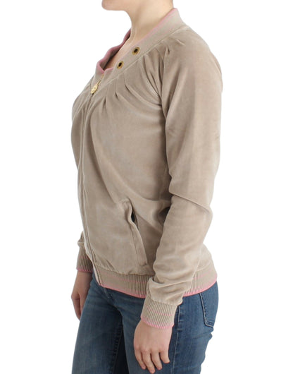 Cavalli Beige Zip Cardigan with Gold Tone Accents Cavalli