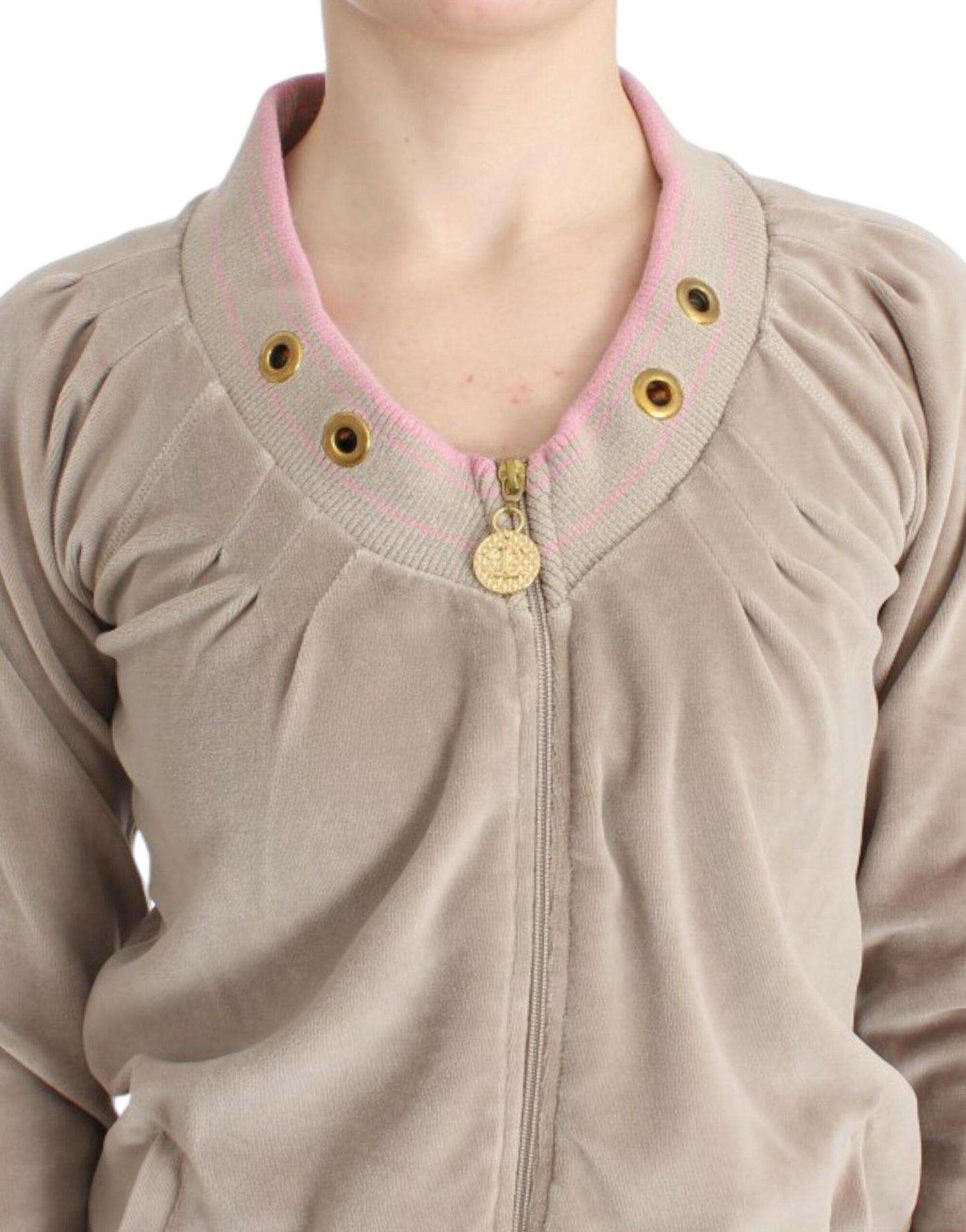 Cavalli Beige Zip Cardigan with Gold Tone Accents Cavalli