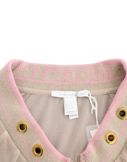 Cavalli Beige Zip Cardigan with Gold Tone Accents Cavalli