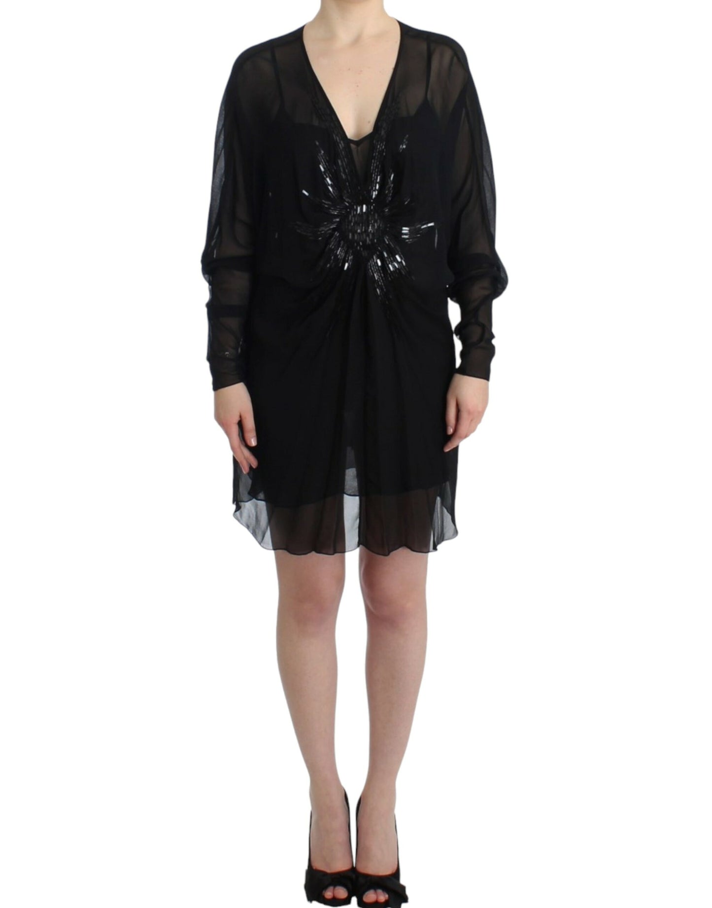 Cavalli Elegant Sheer Black Silk Blouson Dress Cavalli