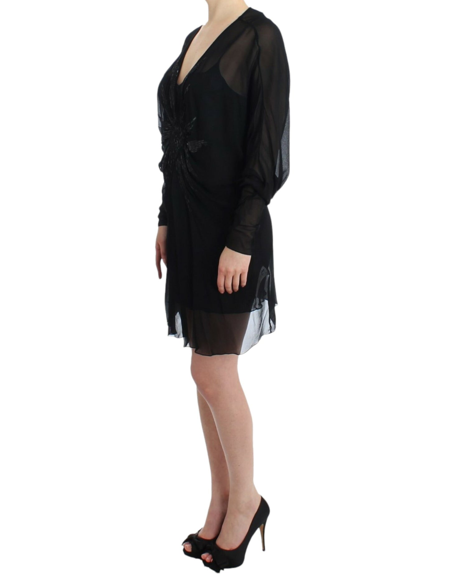 Cavalli Elegant Sheer Black Silk Blouson Dress Cavalli