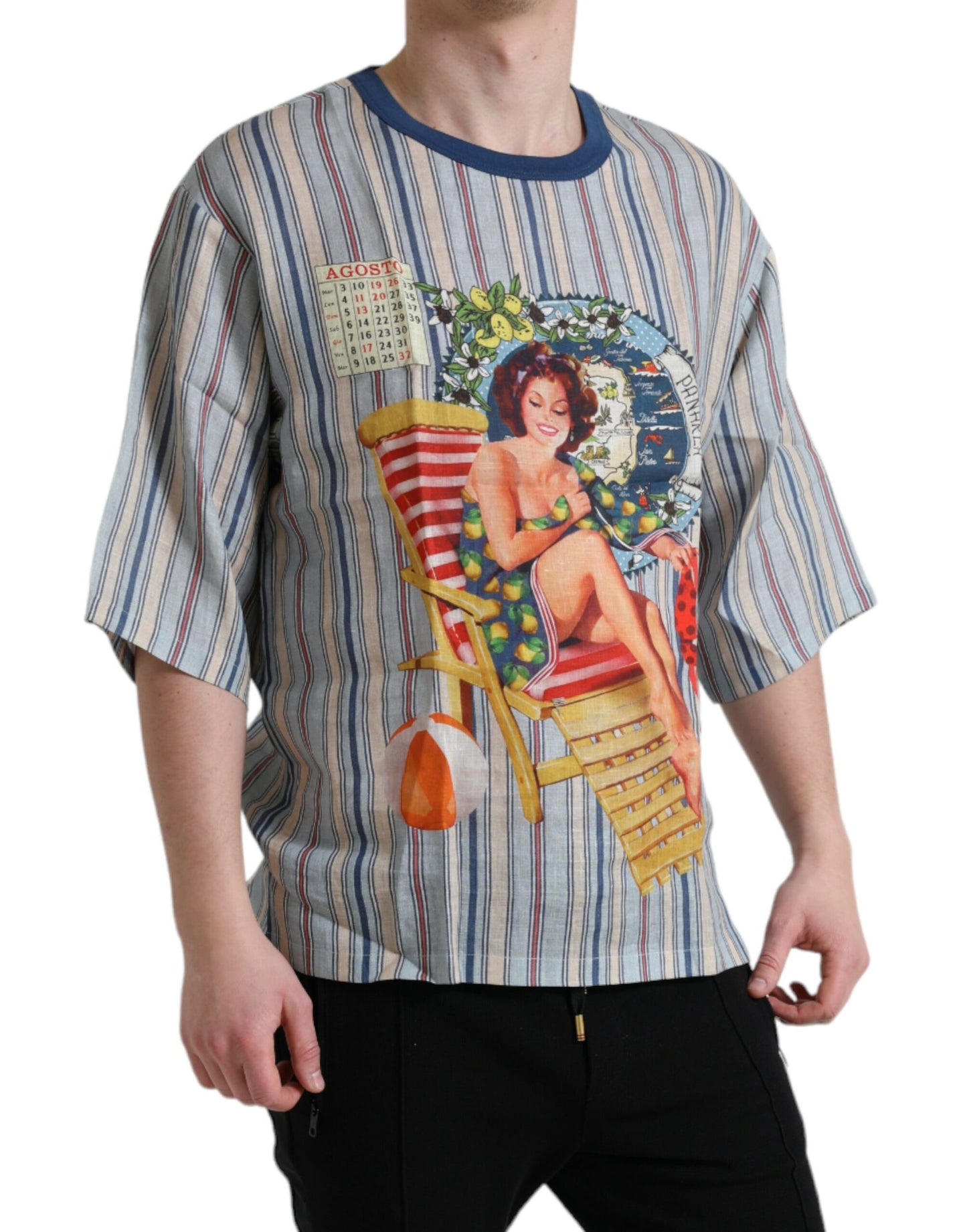 Dolce & Gabbana Elegant Linen T-Shirt with AGOSTO Motif Dolce & Gabbana