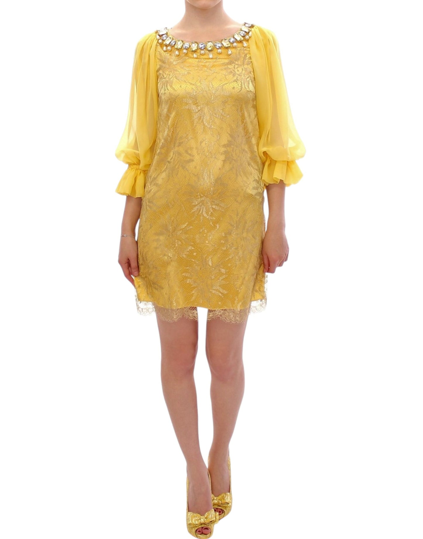 Dolce & Gabbana Yellow Lace Crystal Embellished Mini Dress Dolce & Gabbana