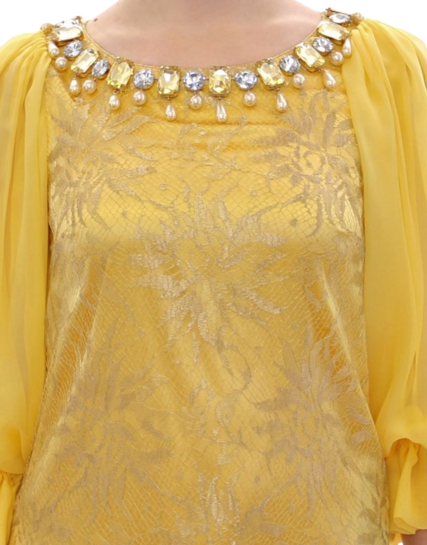 Dolce & Gabbana Yellow Lace Crystal Embellished Mini Dress Dolce & Gabbana