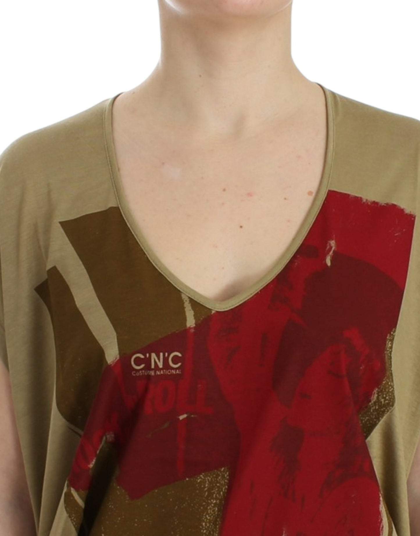 Costume National Chic Green Multicolor Print V-Neck Tee Costume National