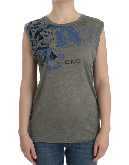 Costume National Chic Sleeveless Gray Top with Blue Detailing Costume National