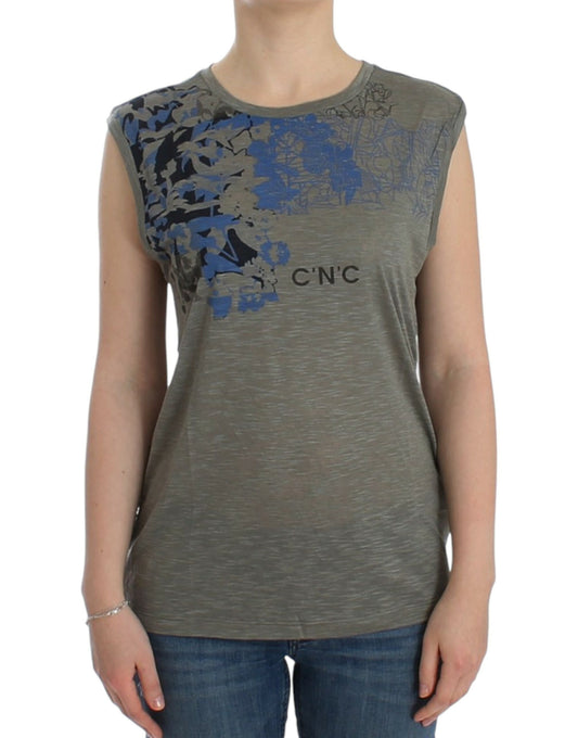 Costume National Chic Sleeveless Gray Top with Blue Detailing Costume National