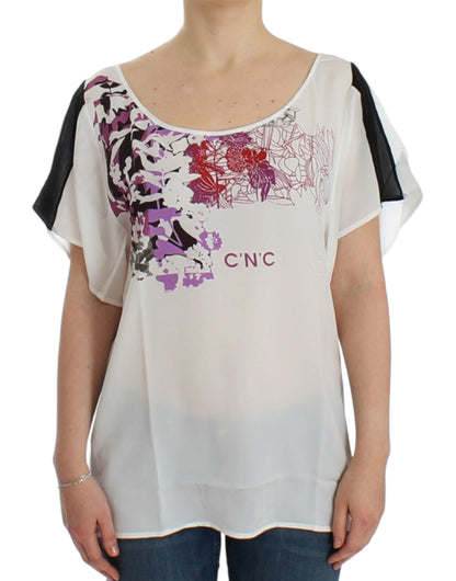 Costume National Chic White V-Neck Motive Print Tee Costume National