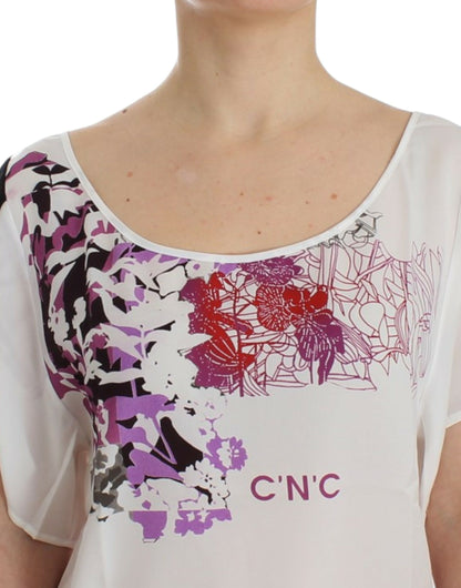 Costume National Chic White V-Neck Motive Print Tee Costume National