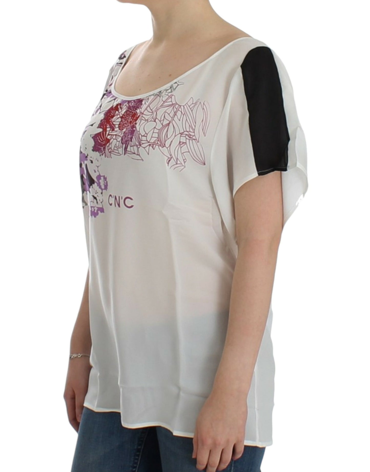 Costume National Chic White V-Neck Motive Print Tee Costume National