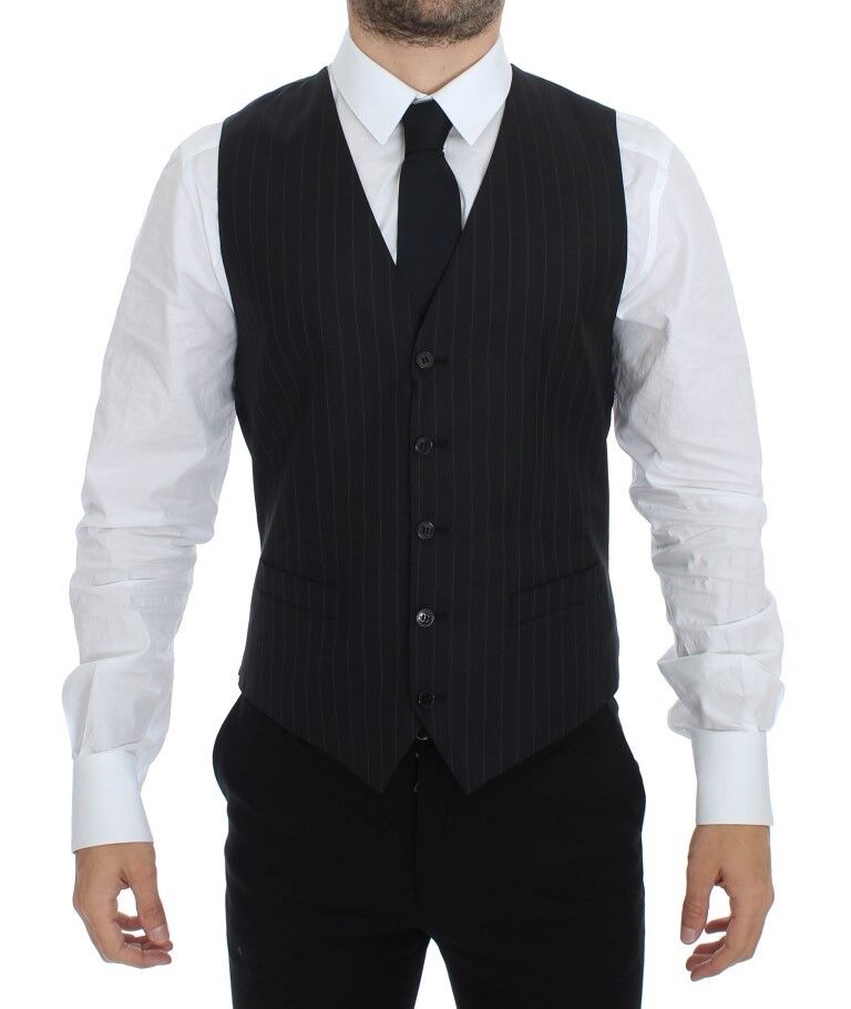 Dolce & Gabbana Chic Black Striped Wool Silk Dress Vest Dolce & Gabbana