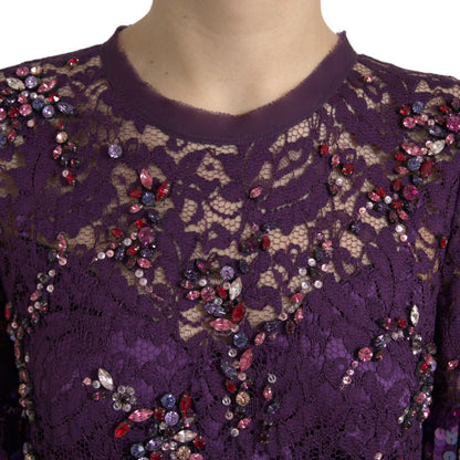 Dolce & Gabbana Elegant Purple Floral Lace Crystal Dress Dolce & Gabbana