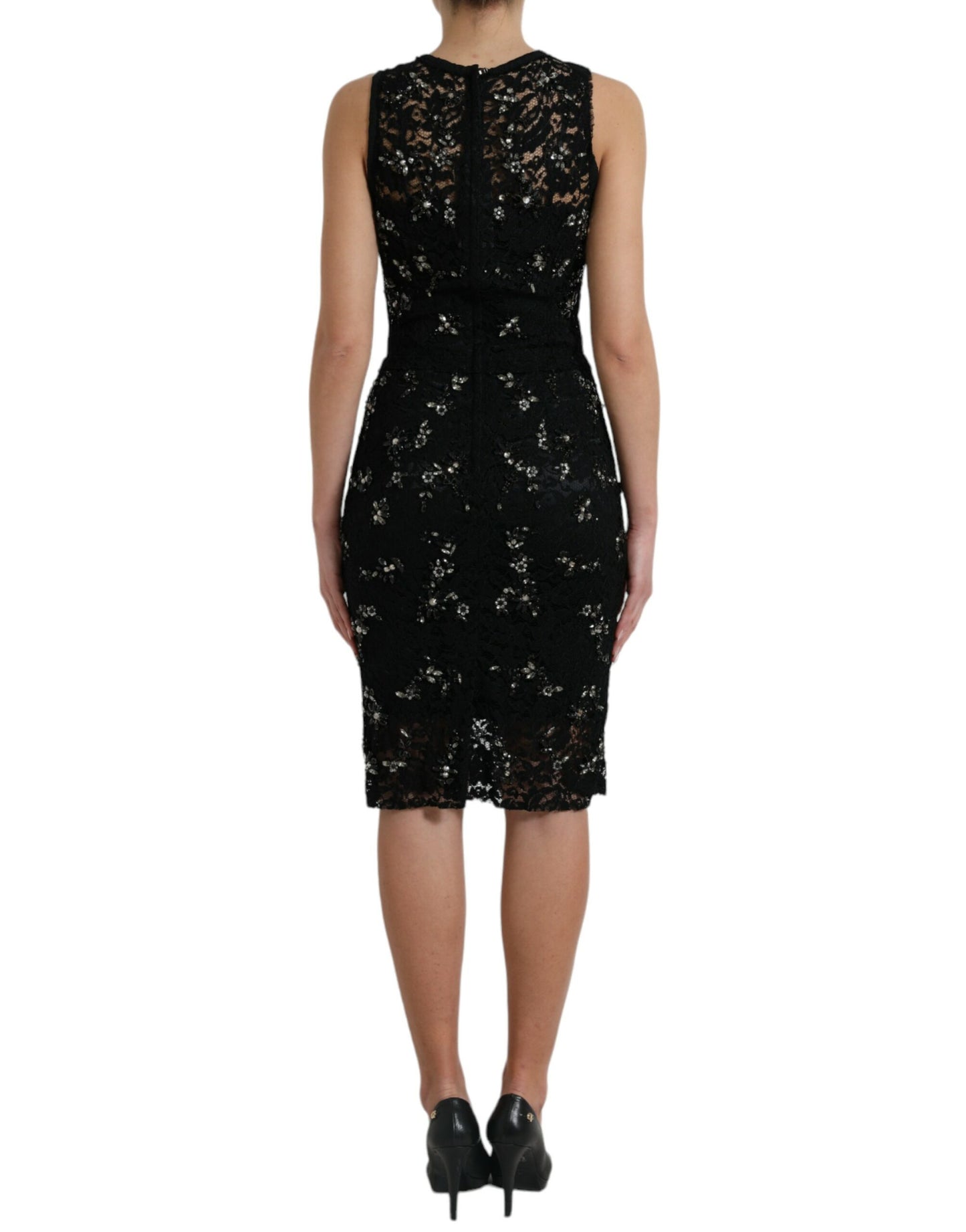 Dolce & Gabbana Exquisite Black Floral Lace Crystal Sheath Dress Dolce & Gabbana