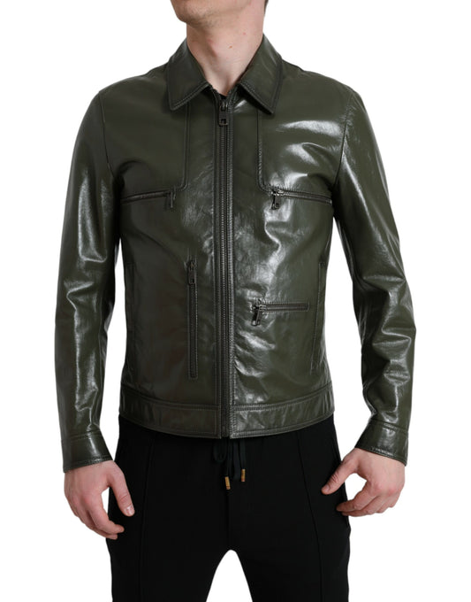 Dolce & Gabbana Emerald Elegance Leather Biker Jacket Dolce & Gabbana