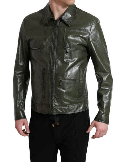 Dolce & Gabbana Emerald Elegance Leather Biker Jacket Dolce & Gabbana