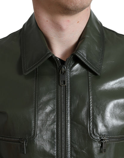 Dolce & Gabbana Emerald Elegance Leather Biker Jacket Dolce & Gabbana