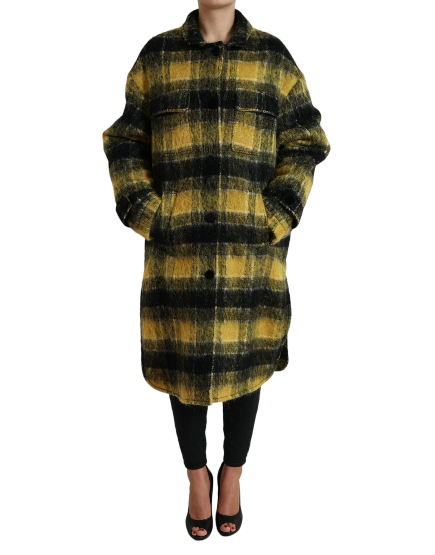 Dolce & Gabbana Chic Plaid Long Coat in Sunshine Yellow Dolce & Gabbana