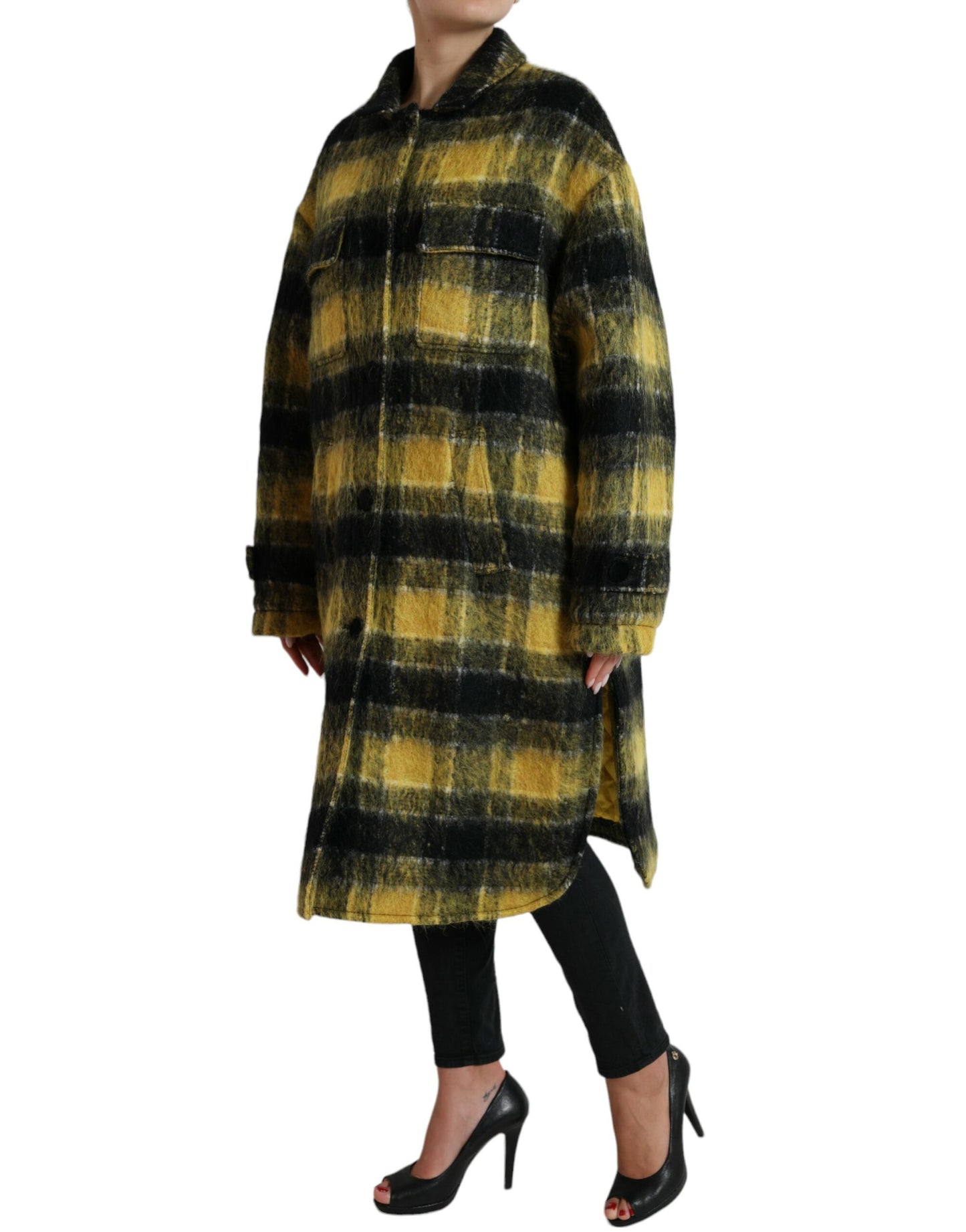 Dolce & Gabbana Chic Plaid Long Coat in Sunshine Yellow Dolce & Gabbana