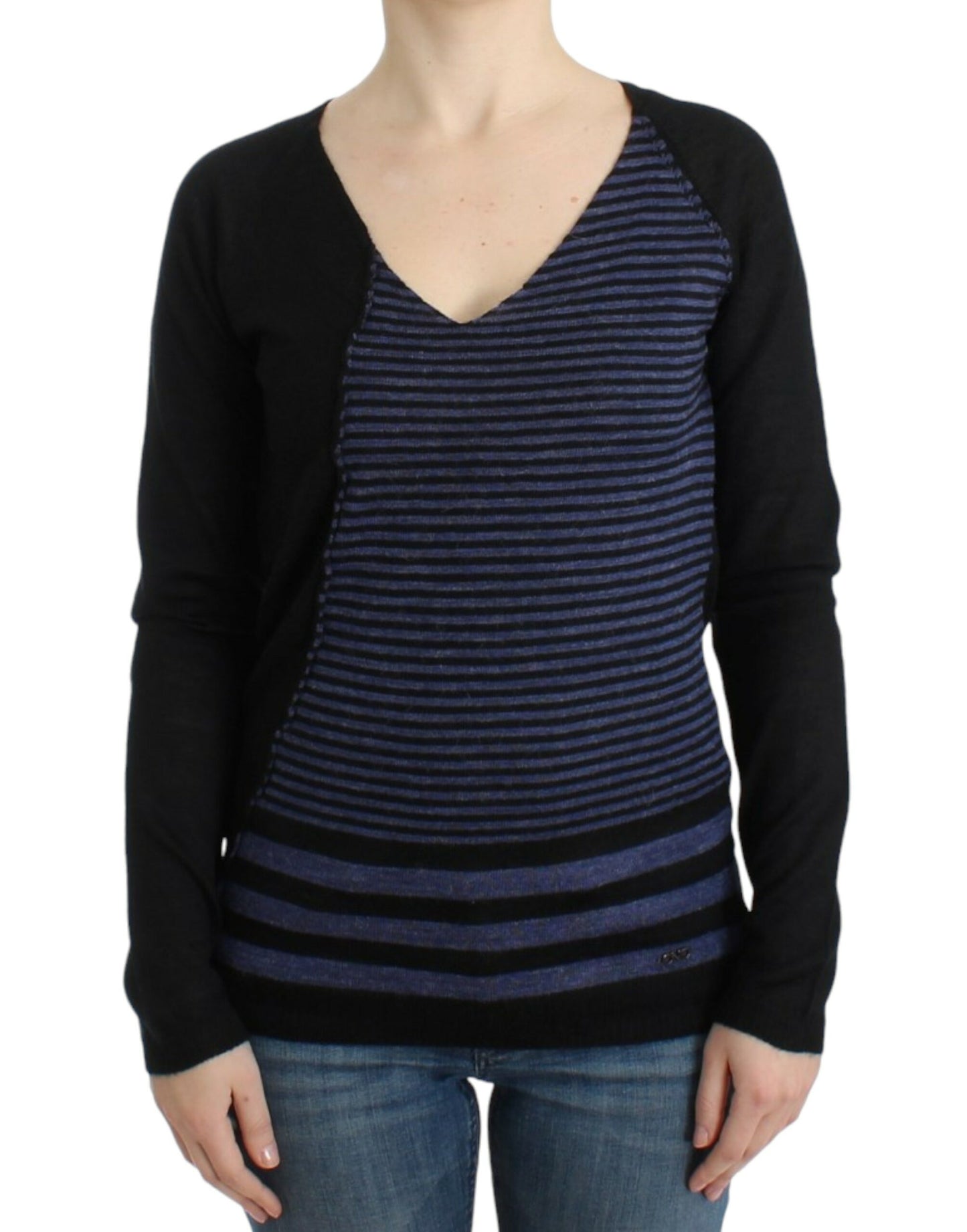 Costume National Chic Striped V-Neck Wool Blend Sweater Costume National