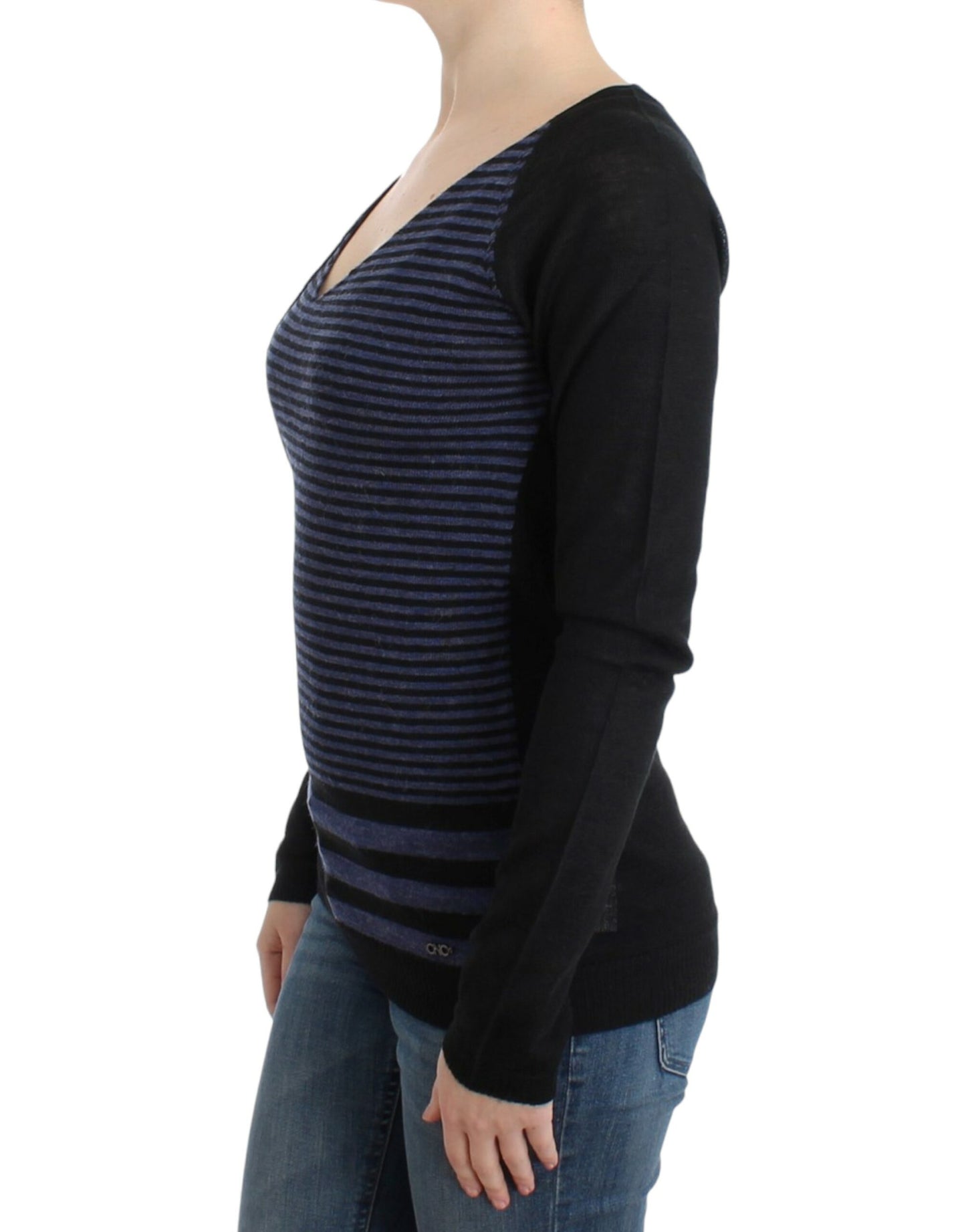 Costume National Chic Striped V-Neck Wool Blend Sweater Costume National