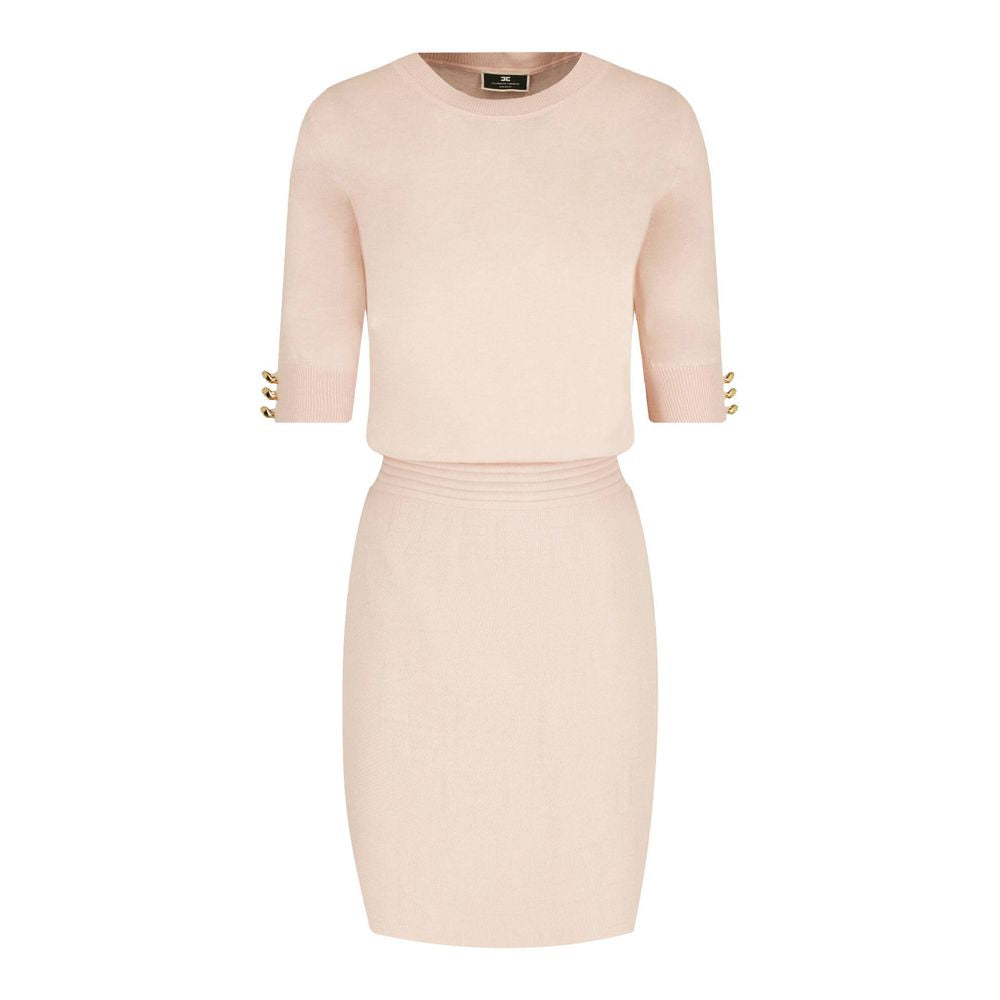 Elisabetta Franchi Elegant Pink Crew-Neck Dress with Golden Accents Elisabetta Franchi