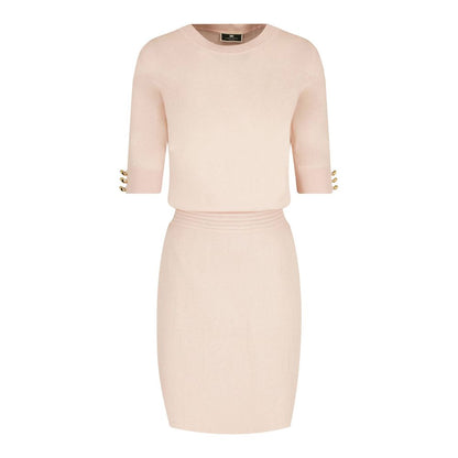 Elisabetta Franchi Elegant Pink Crew-Neck Dress with Golden Accents Elisabetta Franchi