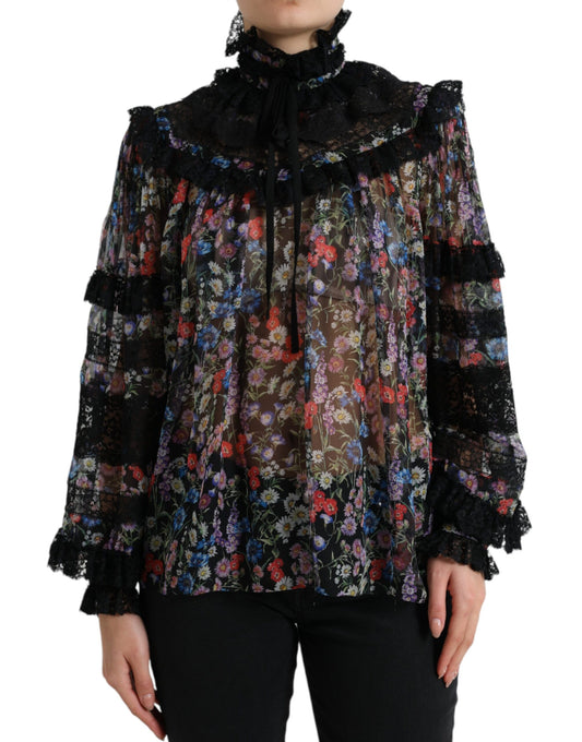 Dolce & Gabbana Elegant Floral Silk Blouse with Lace Trim Dolce & Gabbana