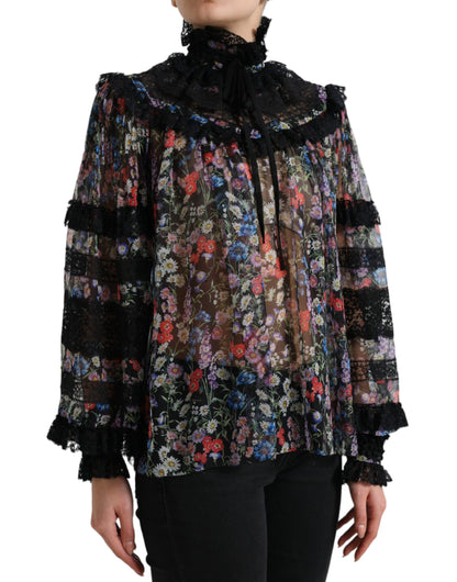 Dolce & Gabbana Elegant Floral Silk Blouse with Lace Trim Dolce & Gabbana