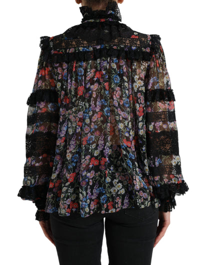 Dolce & Gabbana Elegant Floral Silk Blouse with Lace Trim Dolce & Gabbana