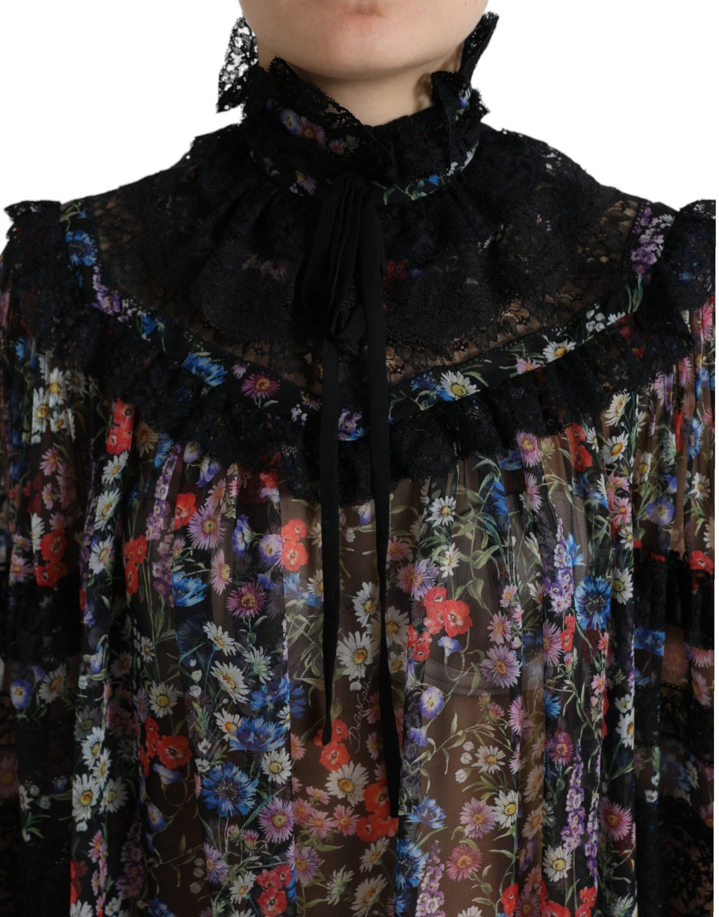 Dolce & Gabbana Elegant Floral Silk Blouse with Lace Trim Dolce & Gabbana