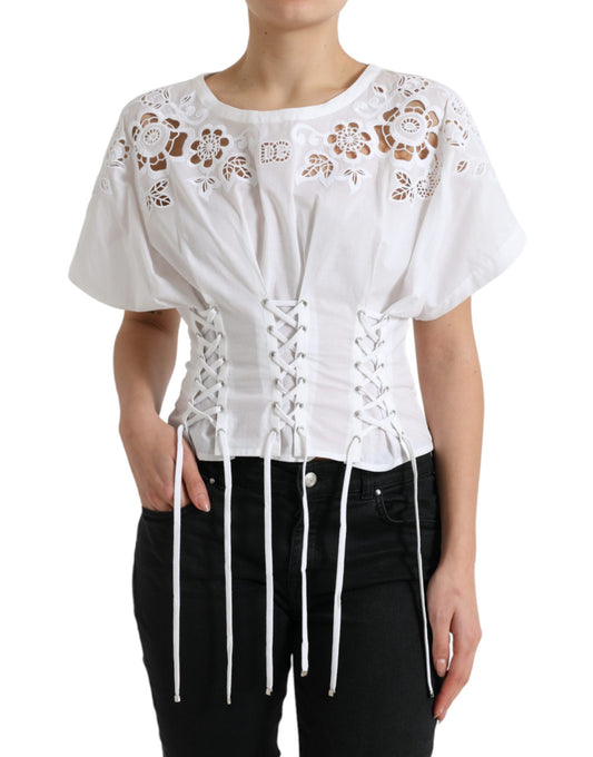 Dolce & Gabbana Elegant White Floral Lace-Up Blouse Dolce & Gabbana