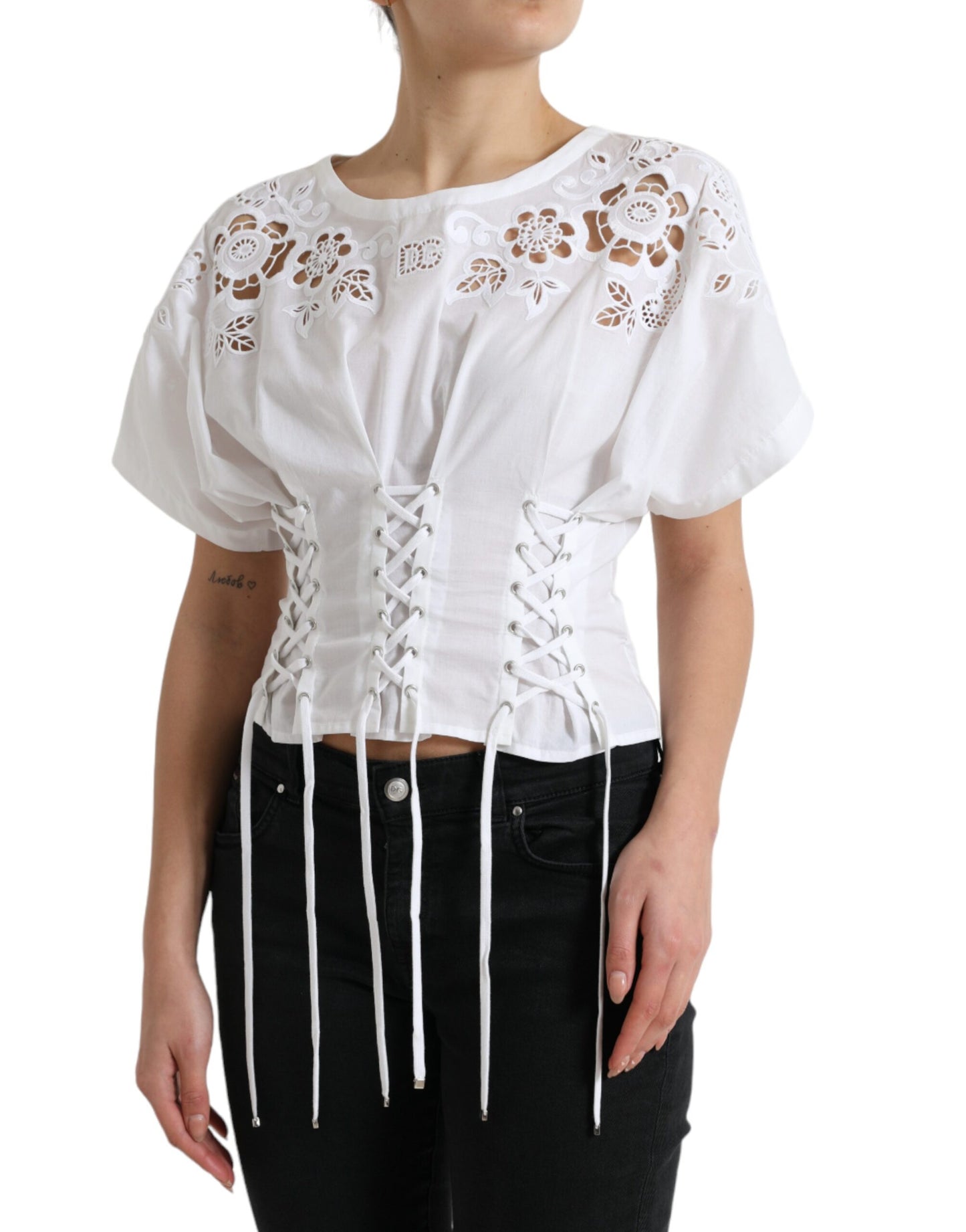 Dolce & Gabbana Elegant White Floral Lace-Up Blouse Dolce & Gabbana