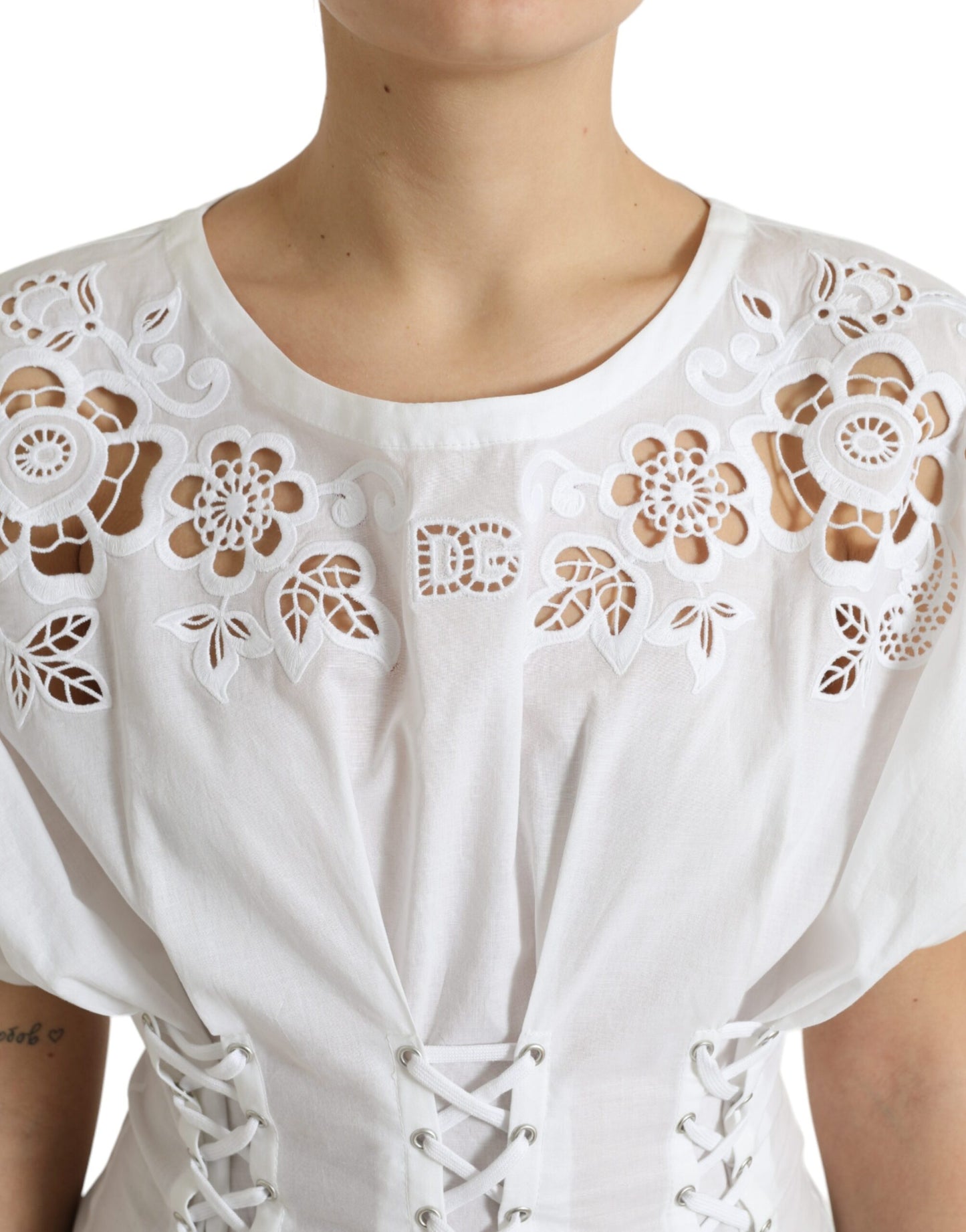 Dolce & Gabbana Elegant White Floral Lace-Up Blouse Dolce & Gabbana