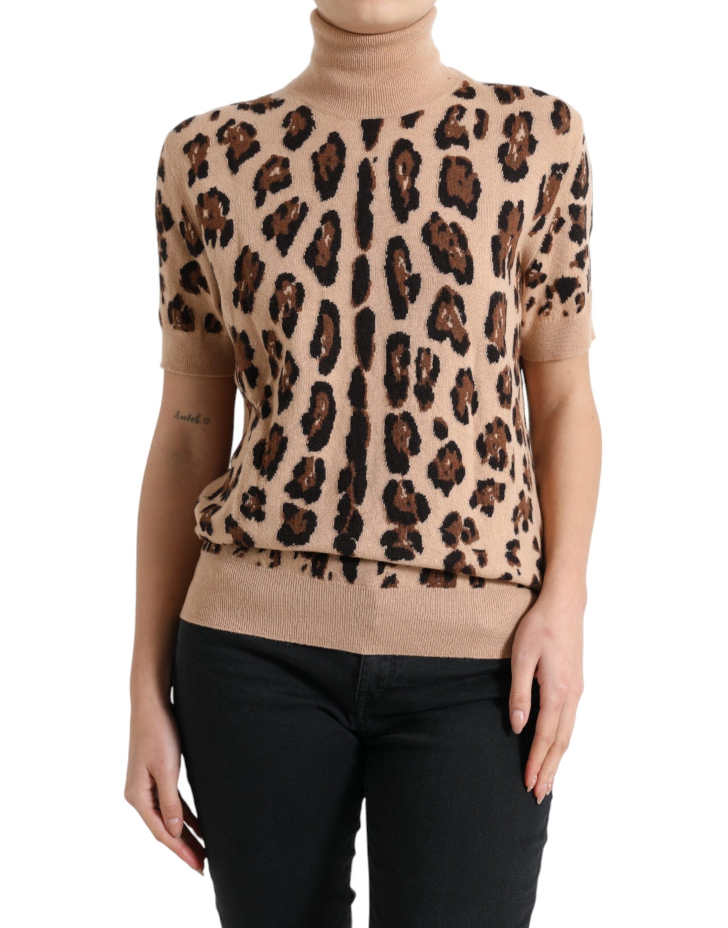 Dolce & Gabbana Elegant Beige Leopard Turtleneck Wool Top Dolce & Gabbana