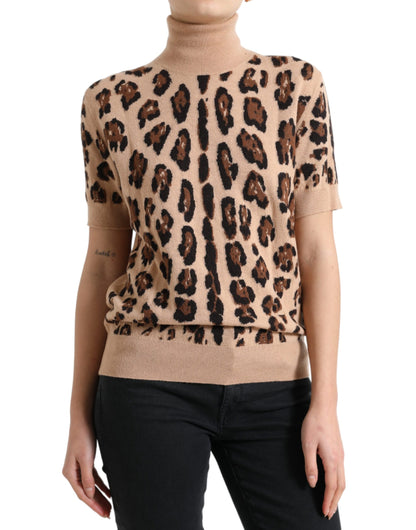 Dolce & Gabbana Elegant Beige Leopard Turtleneck Wool Top Dolce & Gabbana