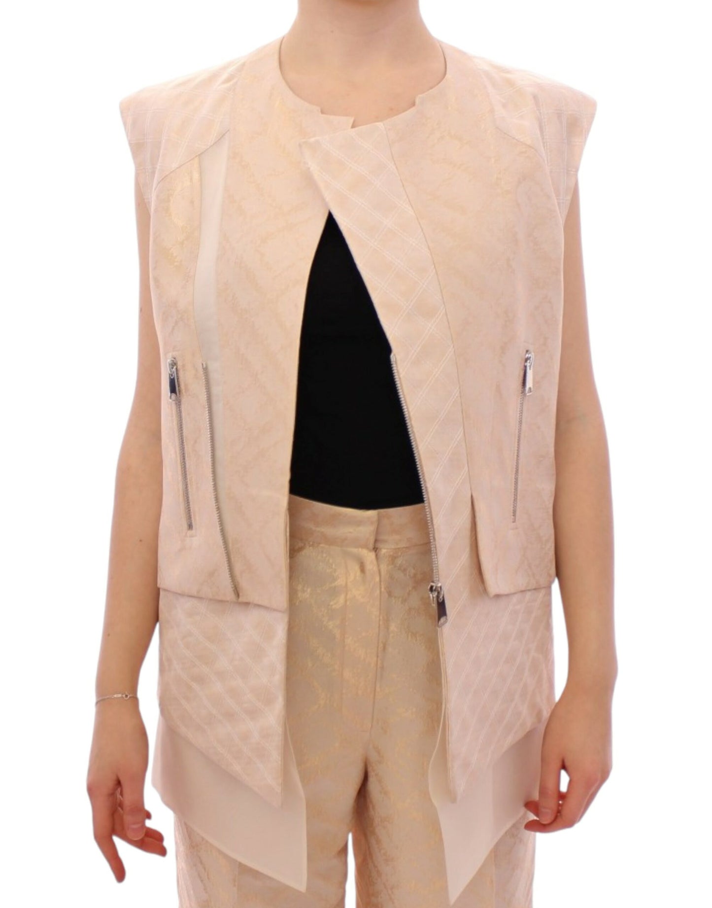 Zeyneptosun Exquisite Beige Brocade Sleeveless Jacket Vest Zeyneptosun