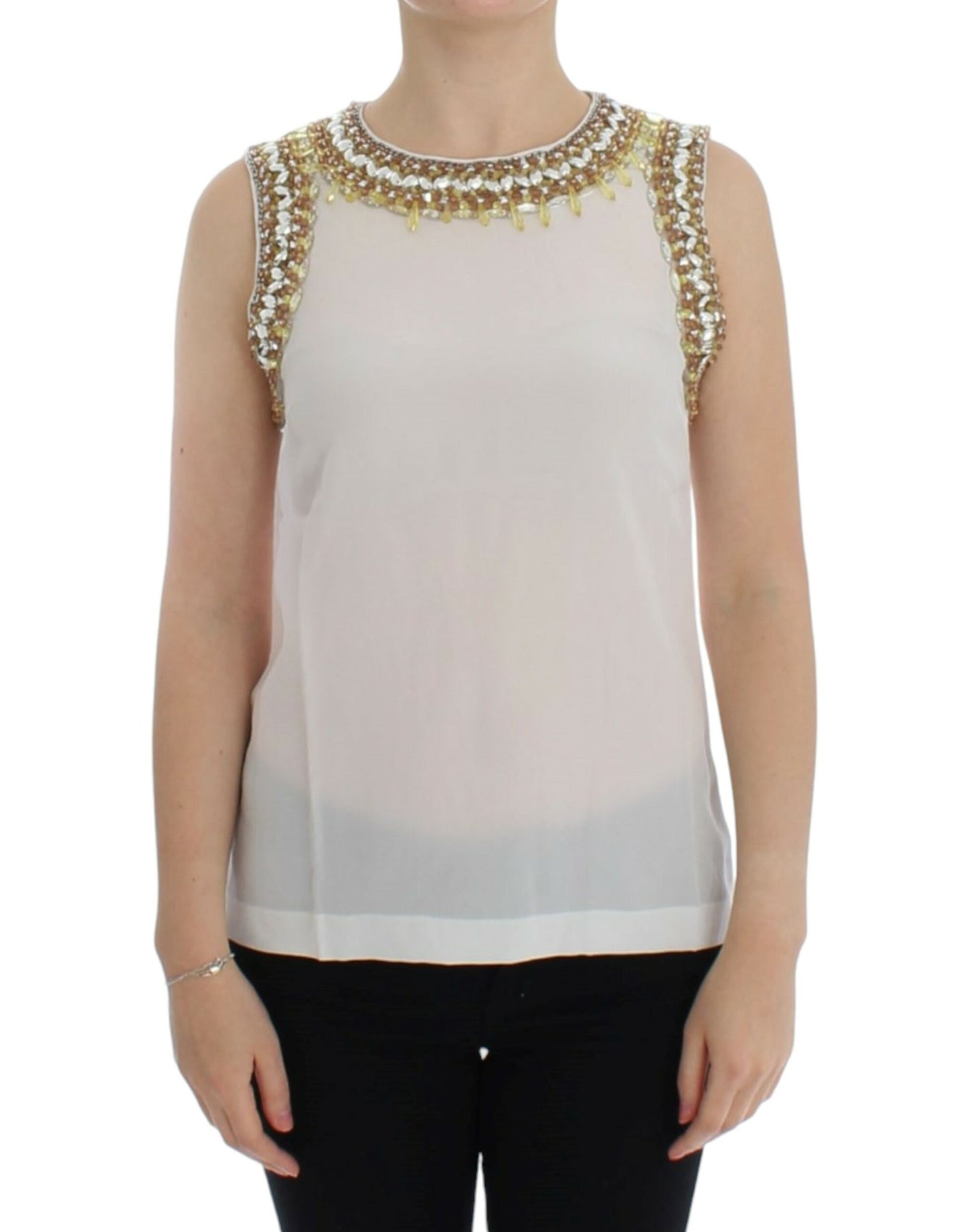 Dolce & Gabbana Elegant Sleeveless Silk Blouse with Crystal Embellishment Dolce & Gabbana