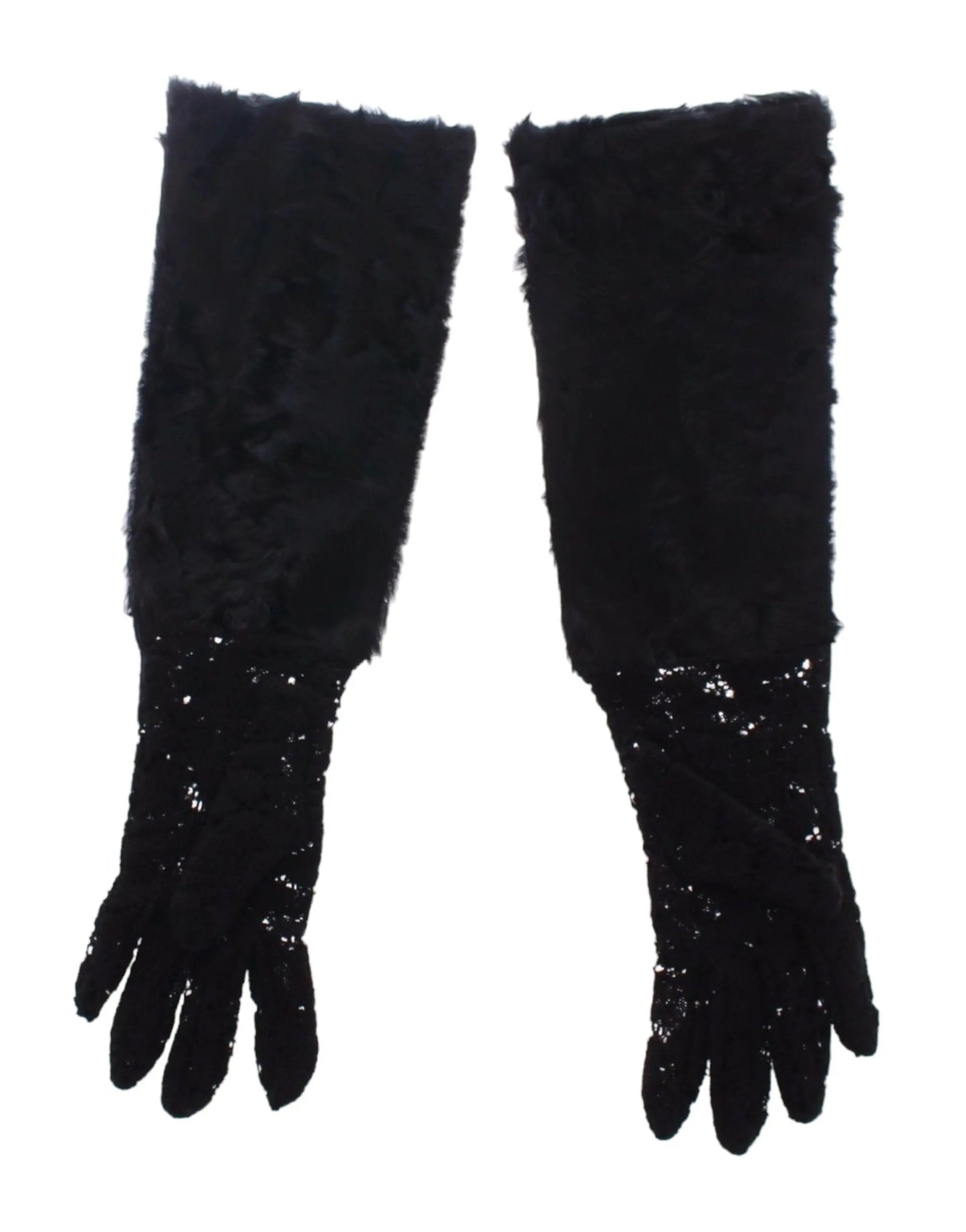 Dolce & Gabbana Black Wool Lace & Lamb Fur Elbow Gloves Dolce & Gabbana