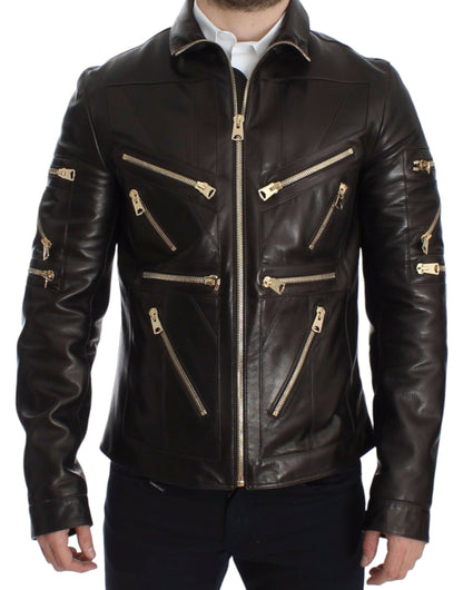 Dolce & Gabbana Elegant Brown Gold-Detailed Leather Jacket Dolce & Gabbana