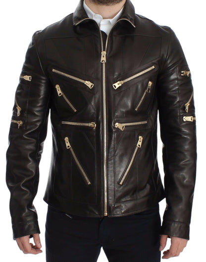 Dolce & Gabbana Elegant Brown Gold-Detailed Leather Jacket Dolce & Gabbana