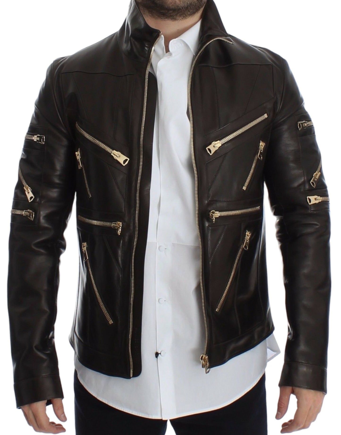 Dolce & Gabbana Elegant Brown Gold-Detailed Leather Jacket Dolce & Gabbana