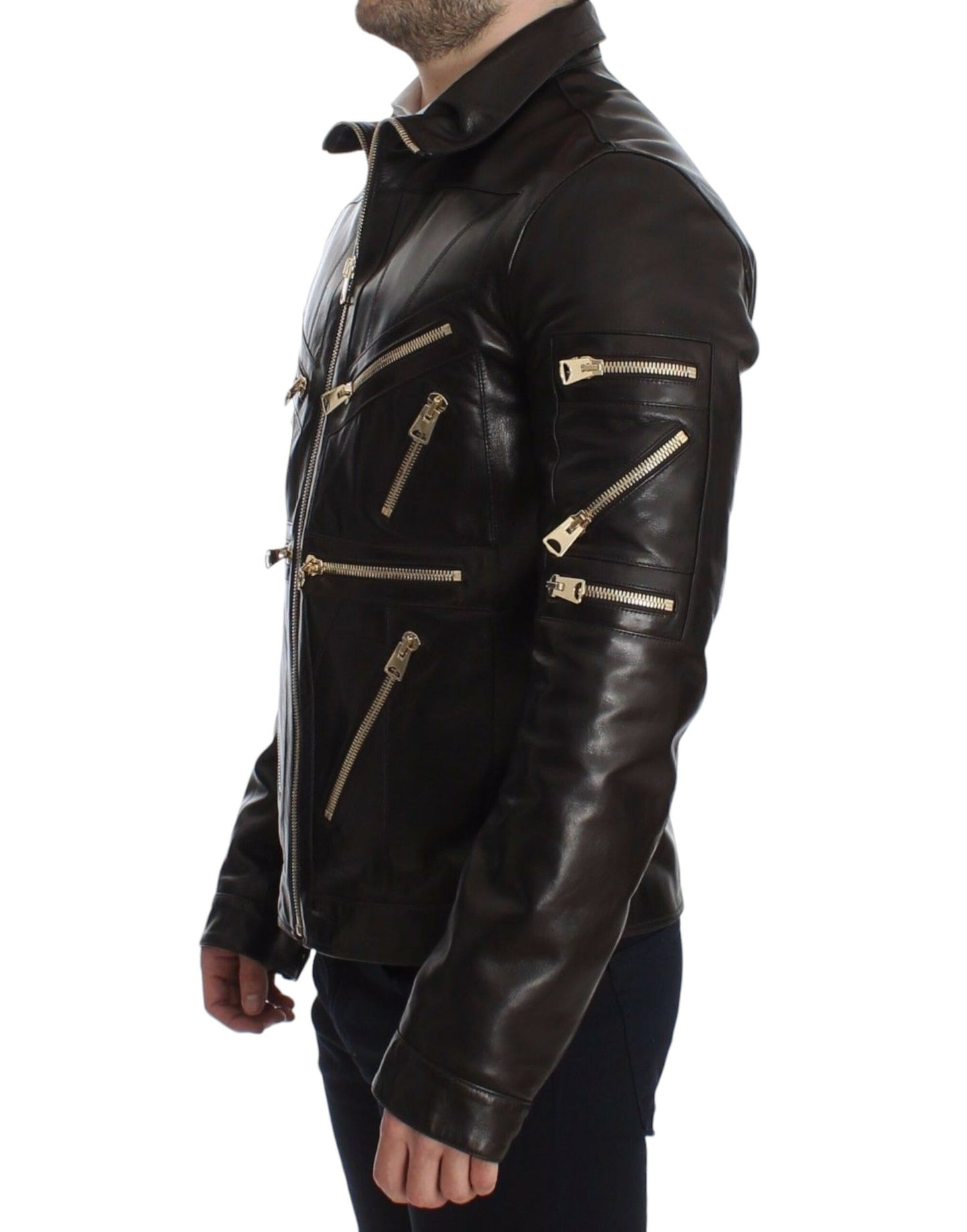 Dolce & Gabbana Elegant Brown Gold-Detailed Leather Jacket Dolce & Gabbana