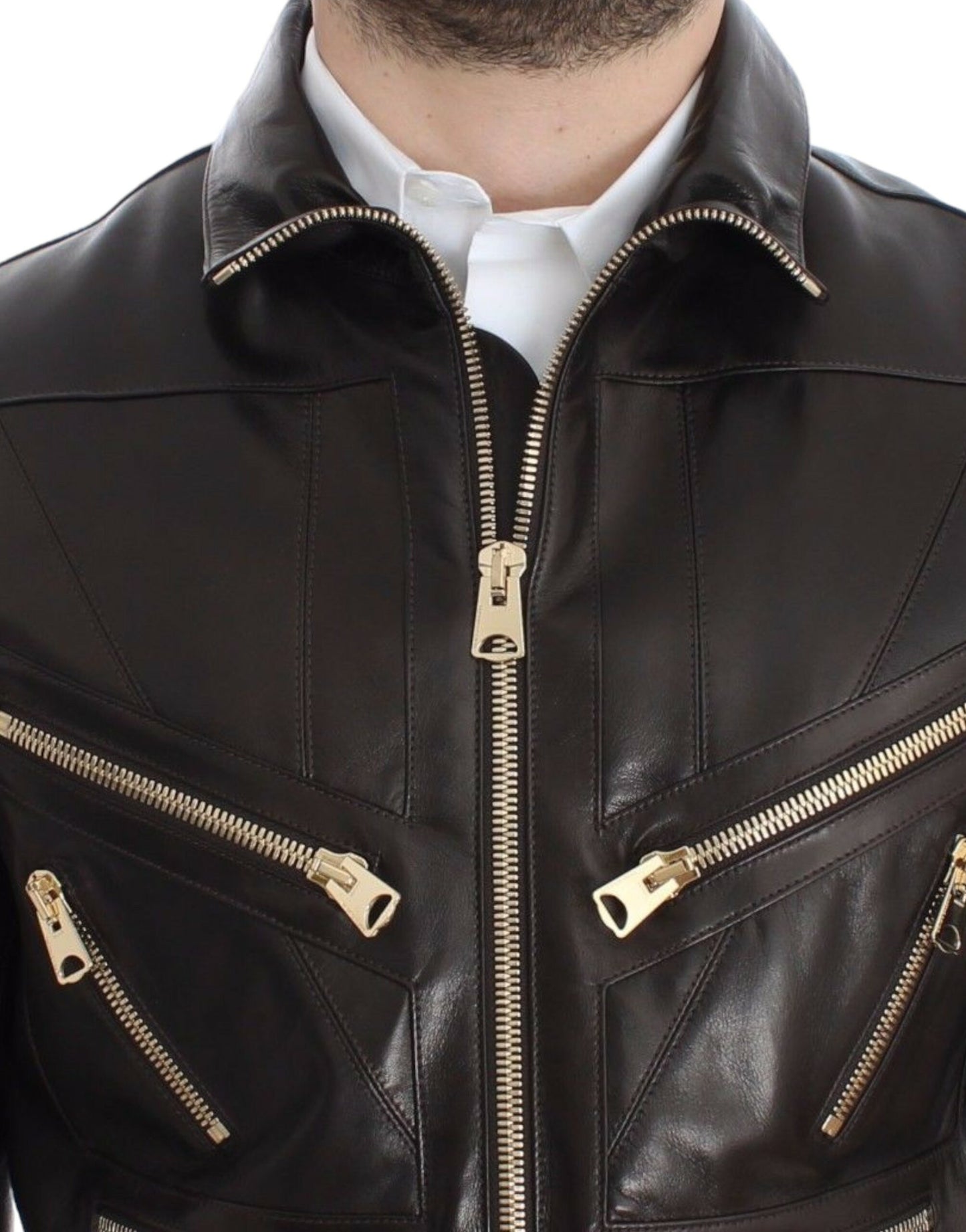 Dolce & Gabbana Elegant Brown Gold-Detailed Leather Jacket Dolce & Gabbana