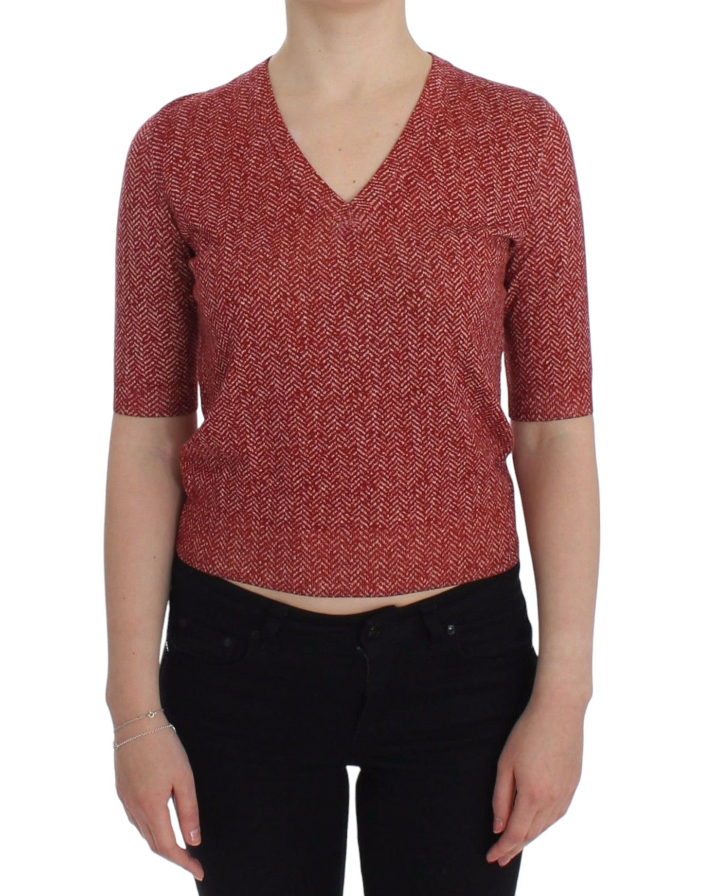 Dolce & Gabbana Enchanting Red Tweed V-Neck Sweater Dolce & Gabbana