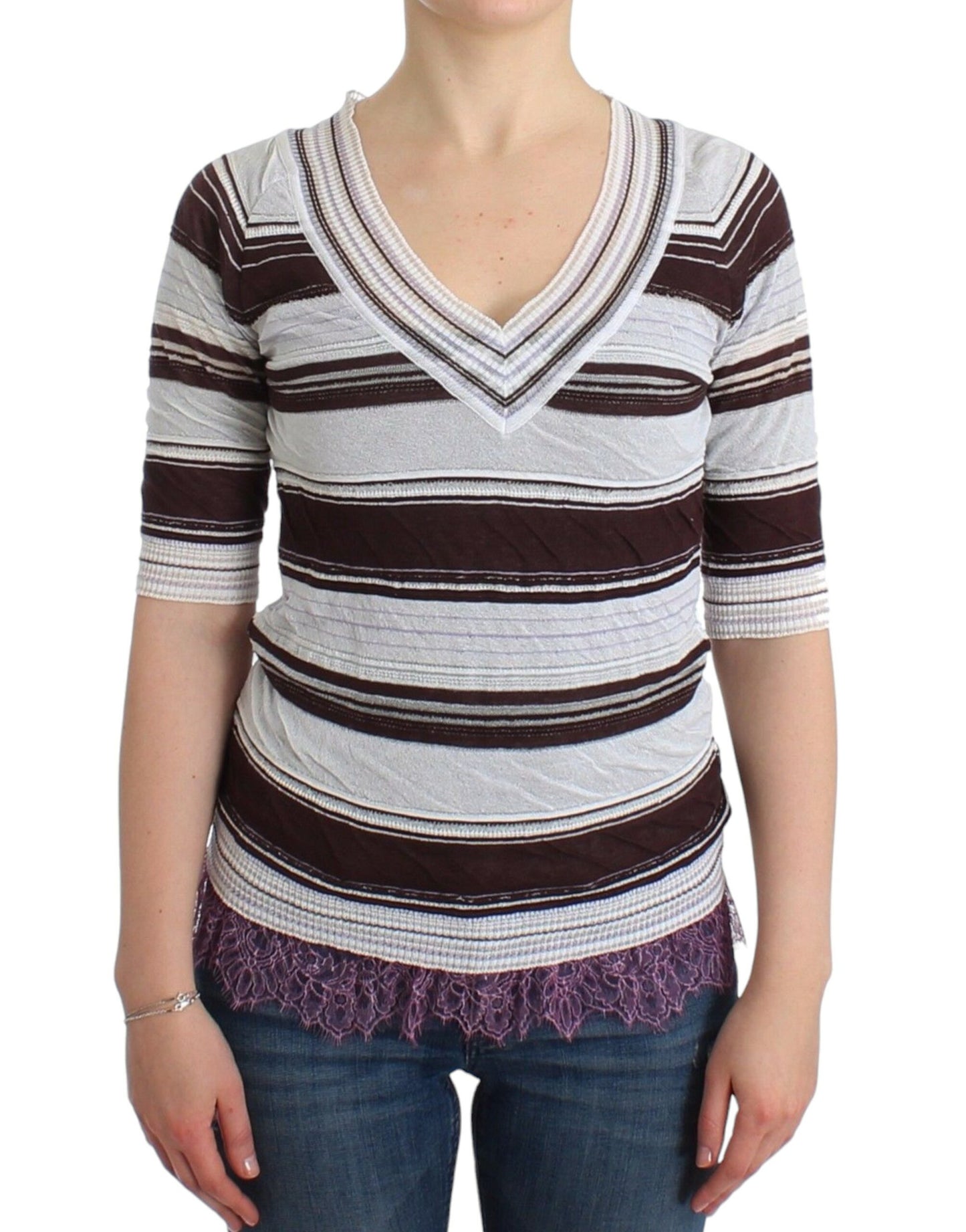 Ermanno Scervino Striped V-Neck Knit Top with Lace Hem Ermanno Scervino