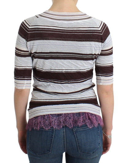 Ermanno Scervino Striped V-Neck Knit Top with Lace Hem Ermanno Scervino