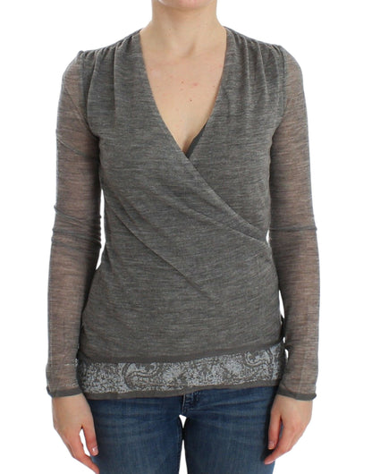 Ermanno Scervino Elegant Gray Wool Blend Deep V-neck Sweater Ermanno Scervino