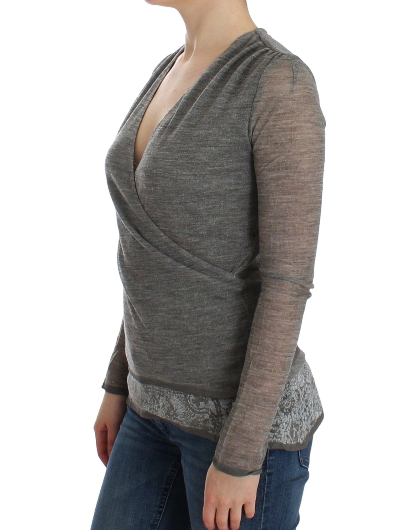 Ermanno Scervino Elegant Gray Wool Blend Deep V-neck Sweater Ermanno Scervino